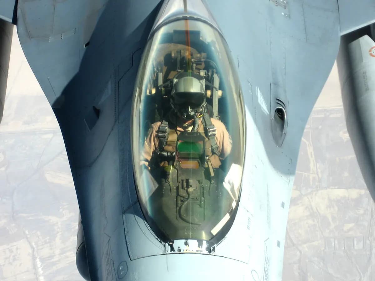 A USAF pilot in an F-16 cockpit